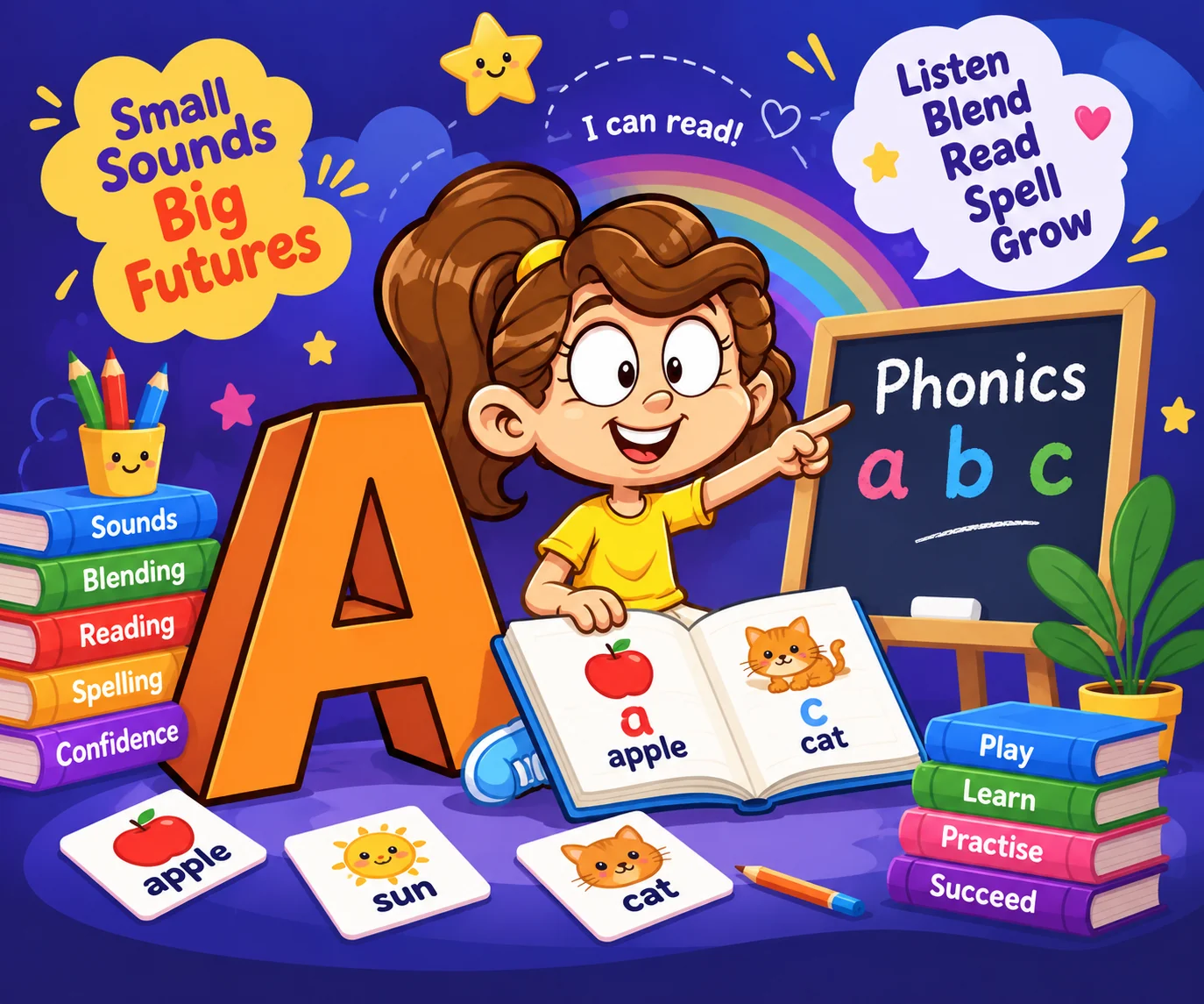 Child learning phonics with alphabet flashcards and letter blocks in an online phonics class for kids in Australia