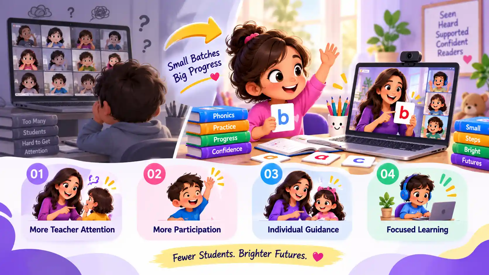Comparison illustration showing a child struggling to be noticed in a large group video class versus a girl actively participating and raising her hand in a small batch phonics class, illustrating why small batches mean more teacher attention, participation, individual guidance and focused learning